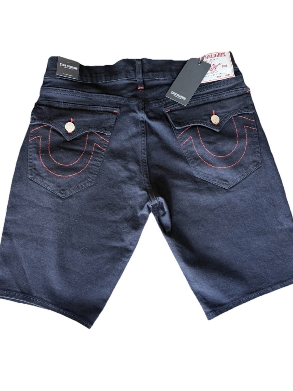 True Religion Ricky Relaxed Straight Black Denim Shorts Red Stitching Mens 32